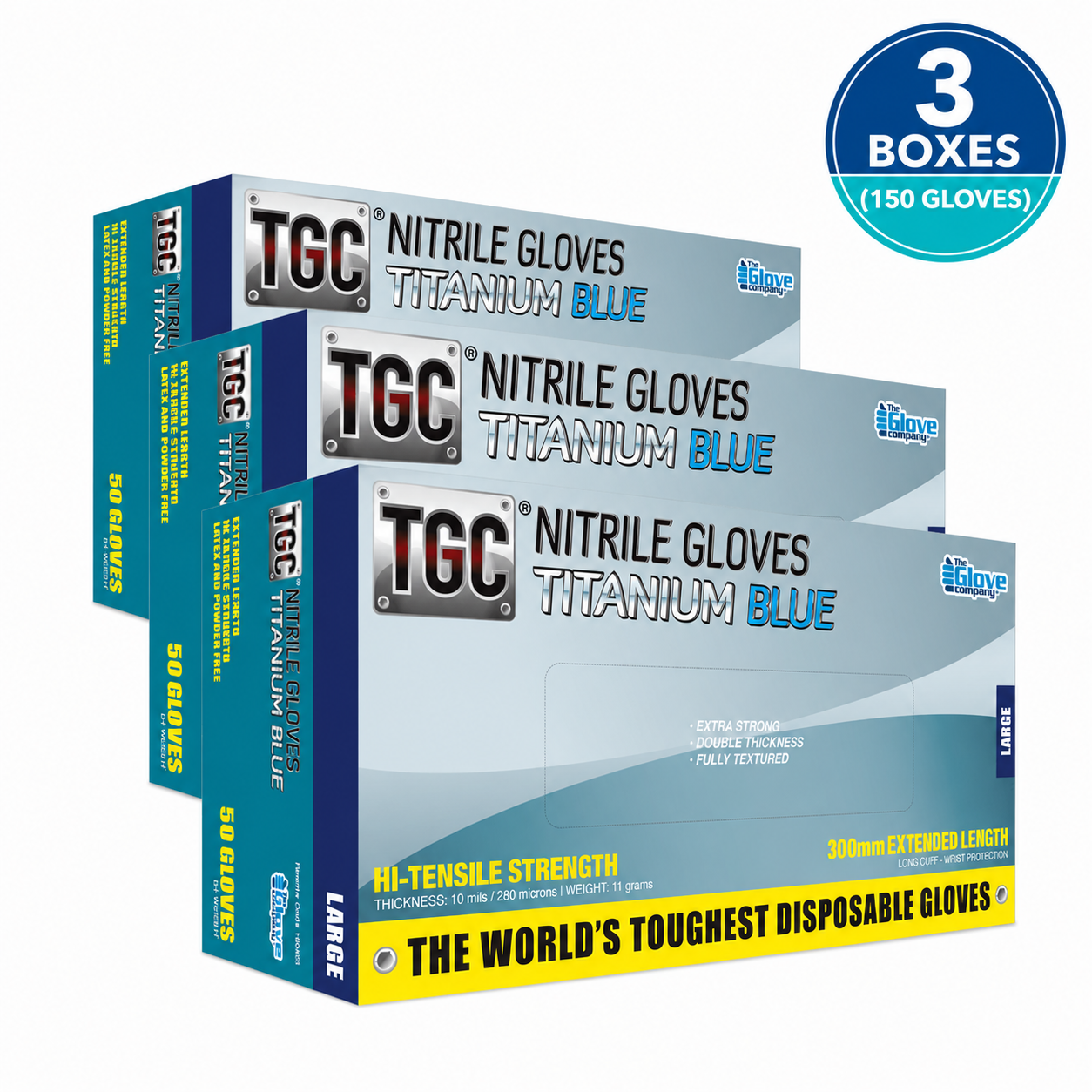 TGC® Titanium Blue Heavy-Duty Nitrile Gloves - 3 Box Value Bundle (150 Gloves)