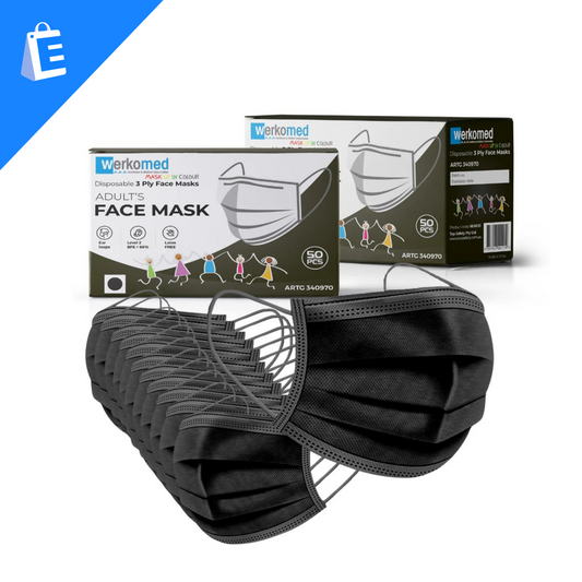 Werkomed Black Face Mask 3 Ply 50 Pack With Earloops