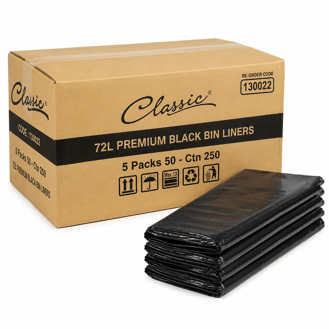 Classic Premium Black Bin Liners 72L - 250 Bags (5 Packs x 50)