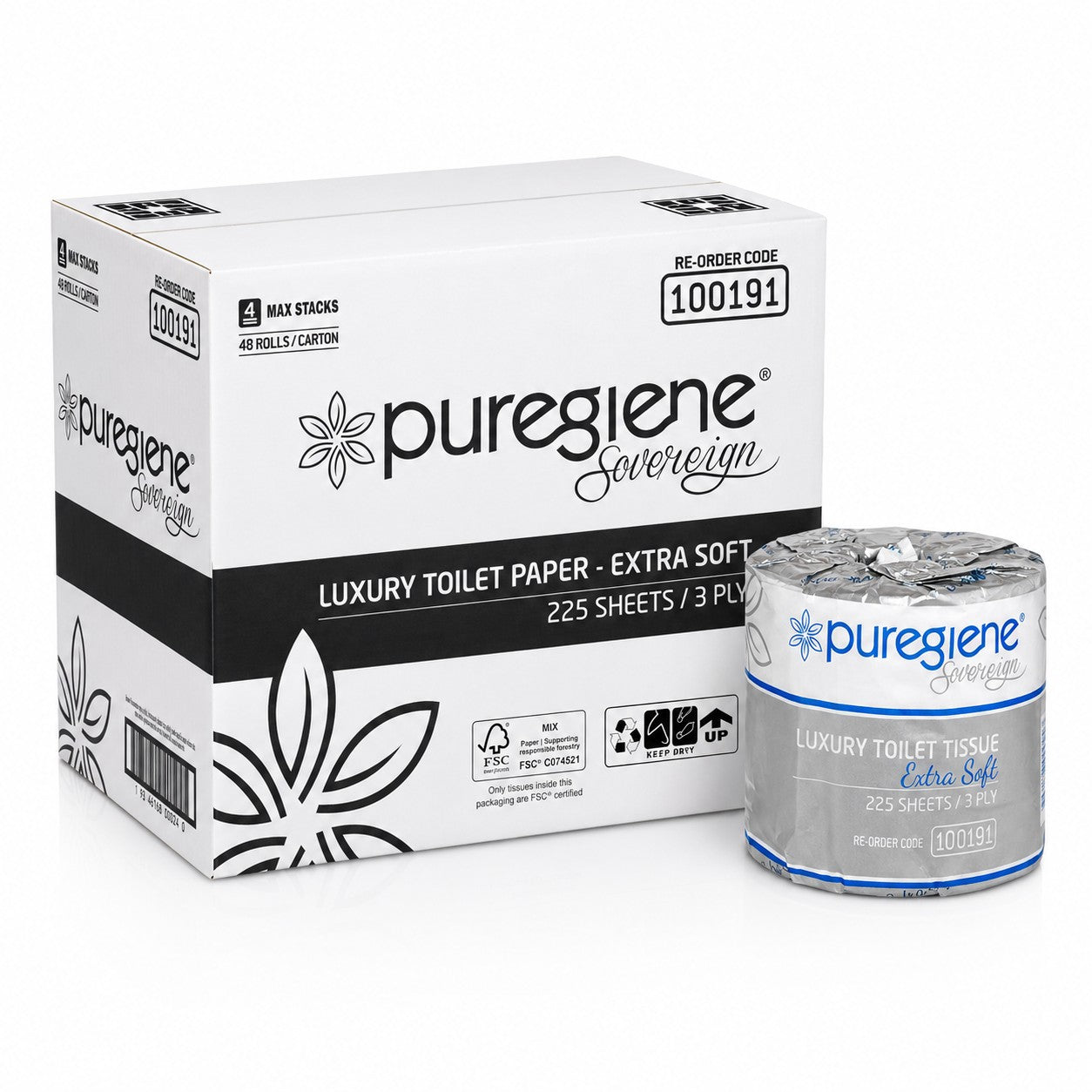 Puregiene® Sovereign Luxury Toilet Tissue — 3 Ply, 225 Sheet, Carton of 48